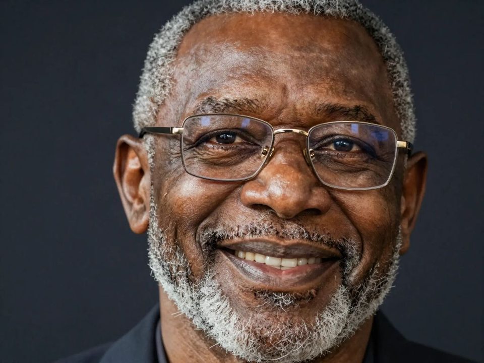 Homme âgé souriant portant des lunettes de vue à monture fine