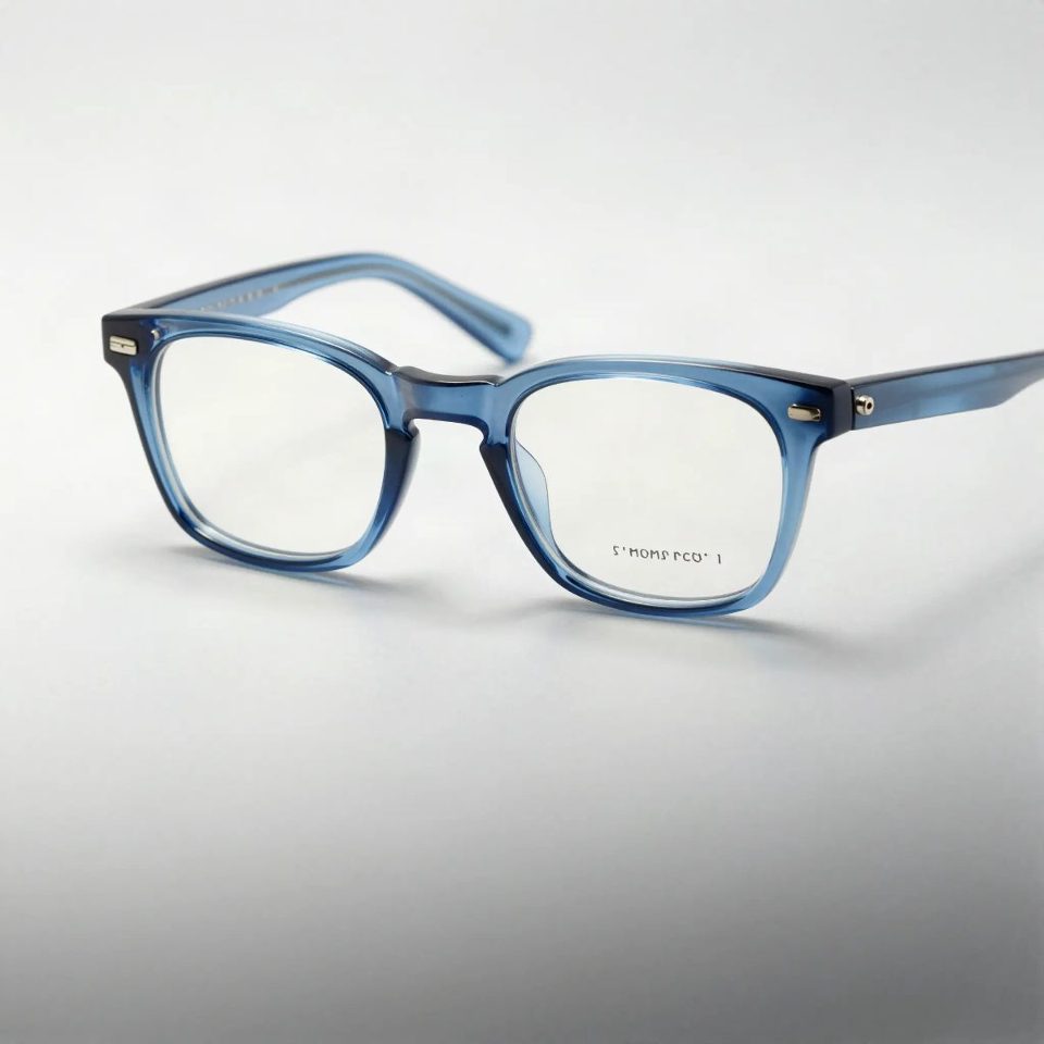 Monture de lunettes de vue en acétate bleu translucide posée sur un fond clair